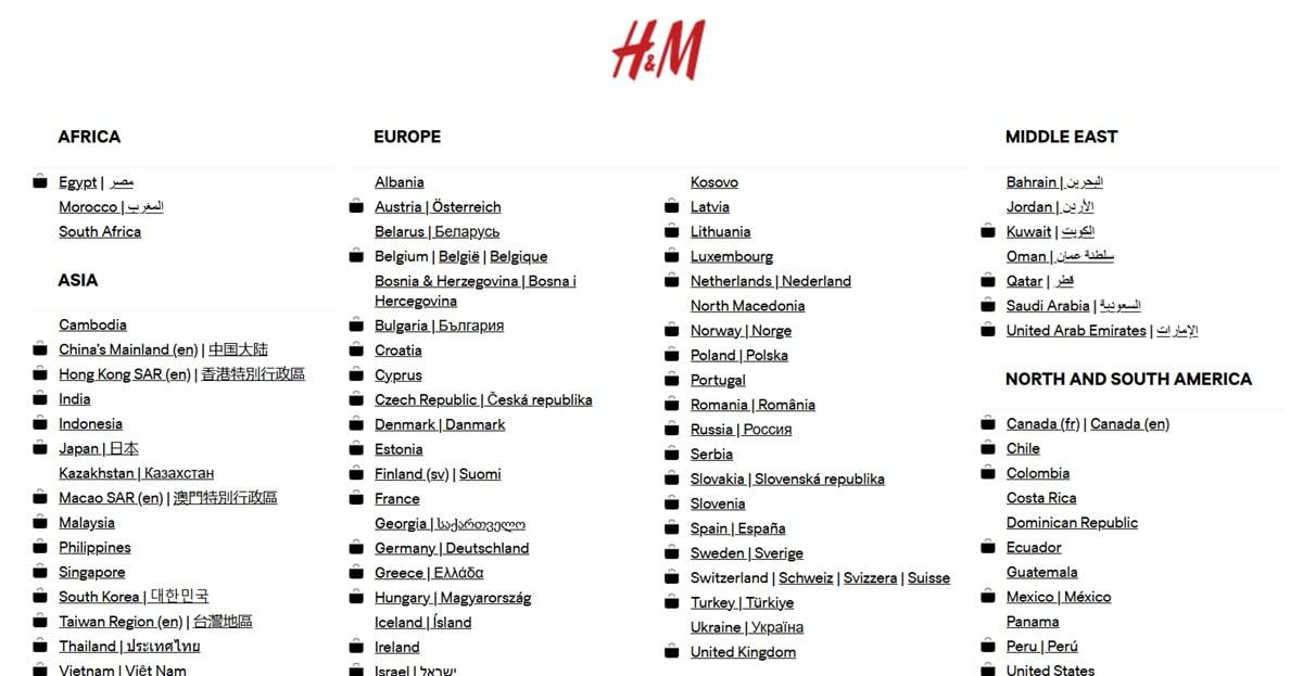 H&M regional splash page allowing visitors to select their country for a localized shopping experience